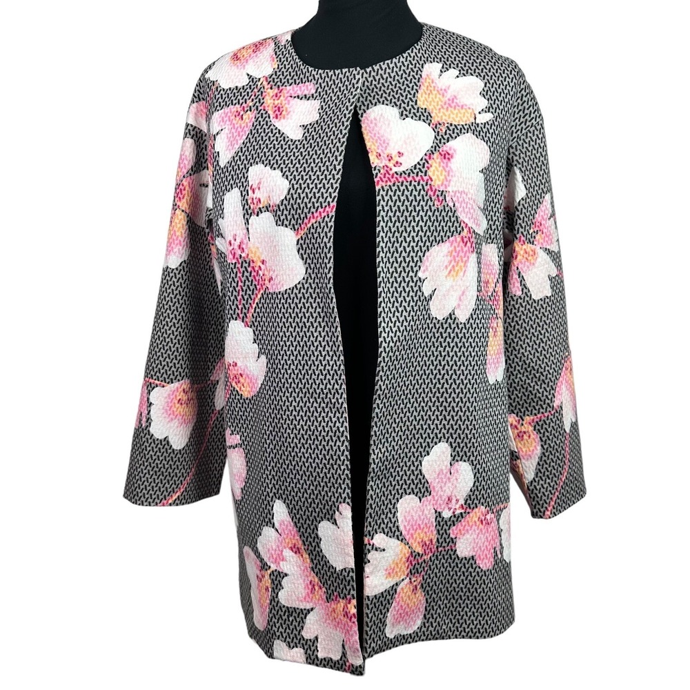 Natori Open Front Jacket S‎ Pink Gray Sakura Cherry Blossom Feminine Coquette